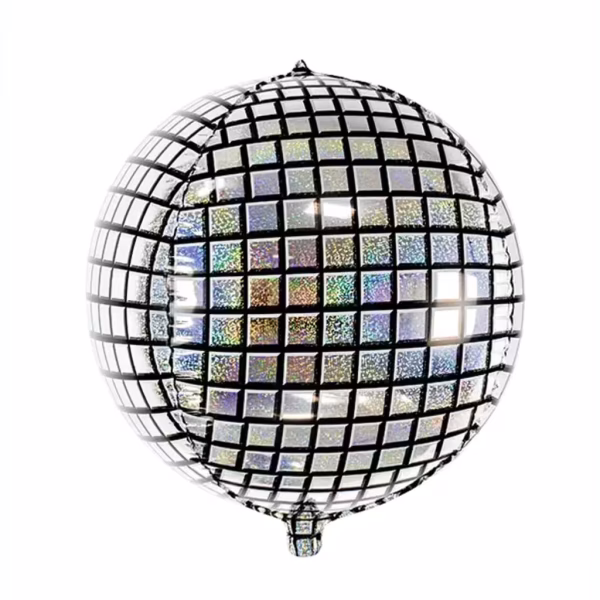 Balon din folie sferic de tip Orbz ilustrand un glob disco argintiu cu un model de grila patrata care imita oglinzile si prezinta reflexii holografice multicolore