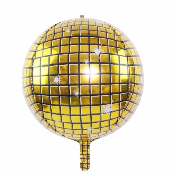 Balon din folie sferic de tip Orbz ilustrand un glob disco cu fundal auriu metalizat peste care este suprapus un model tip grila cu linii negre si accente albe in forma de stele stralucitoare