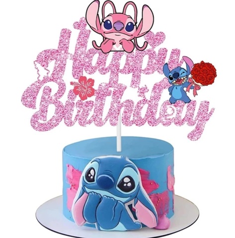 TOPPER PENTRU TORT HAPPY BIRTHDAY STITCH SI LILO - ROZ