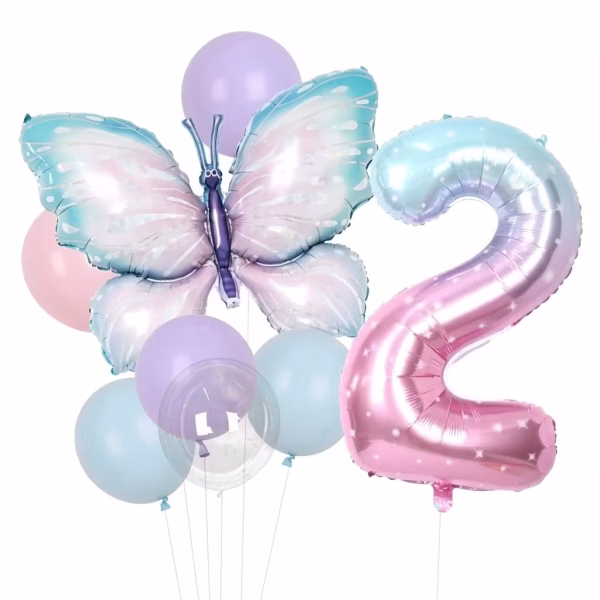 Set aniversar de baloane cu cifra 2 in degrade roz si bleu si un fluture urias pastelat alaturi de baloane din latex asortate