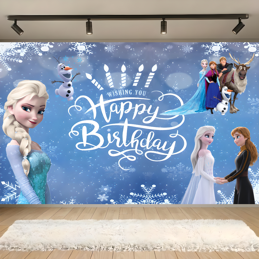 background textil frozen Background textil pentru panou foto cu tematica Frozen Regatul de Gheata, ilustrand personajele Elsa, Anna si Olaf intr-un peisaj de iarna cu fulgi de nea si mesajul Happy Birthday.