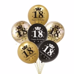 Set de 6 baloane din latex pentru majorat incluzand baloane aurii negre si transparente cu confetti aurii toate imprimate cu numarul 18 coronita si textul Happy Birthday