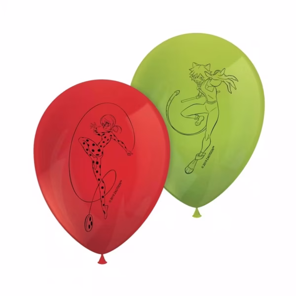 set 8 baloane party miraculous ladybug Set de 8 baloane din latex pentru petreceri, dimensiune 26 cm, in culorile rosu si verde, imprimate cu personajele Miraculous Ladybug si Cat Noir, marca Procos.