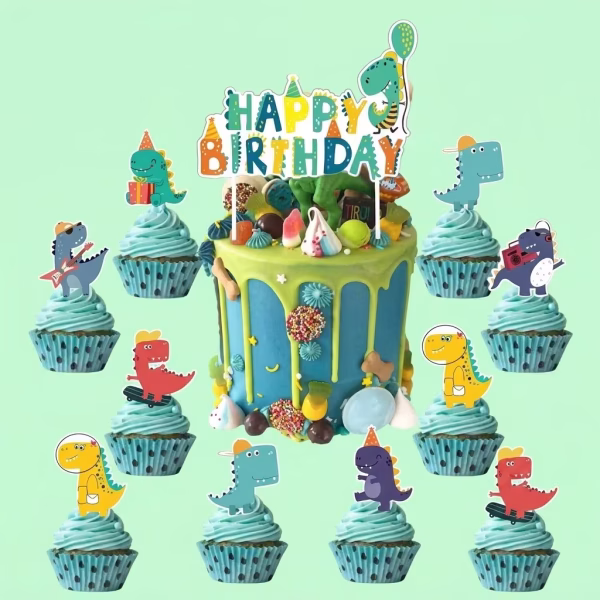 Set 25 Toppere Tort si Briose Set de 25 toppere din carton cu tematică dinozauri pentru tort și brioșe. Un topper mare Happy Birthday pe tort și multiple toppere mici cu dinozauri amuzanți pe cupcakes.