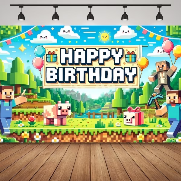 background textil minecraft Background textil pentru panou foto cu tematica Minecraft, ilustrand o lume pixelata din blocuri, personajul Steve, un porc si o vaca, alaturi de mesajul Happy Birthday.