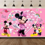 Background Textil Minnie Mouse cod 277b Mockup cu un background textil pentru panou foto cu tematica Minnie Mouse si Mickey Mouse, ilustrand o inima mare roz, stickere cu fundite, curcubeu, diamante si cirese.