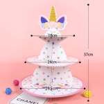 Schita tehnica cu dimensiunile pentru suportul etajat pentru prajituri Unicorn: inaltime totala 37 cm, diametre platouri 29.5 cm, 24 cm si 18 cm.