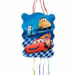 Pinata Petrecere Cars Din Carton Cu Sfori Pinata de petrecere din carton rezistent cu tematica Masini Cars, ilustrandu-i pe Fulger McQueen, Luigi si Guido pe un fundal albastru cu steag de curse in carouri, avand panglici colorate in partea de jos.