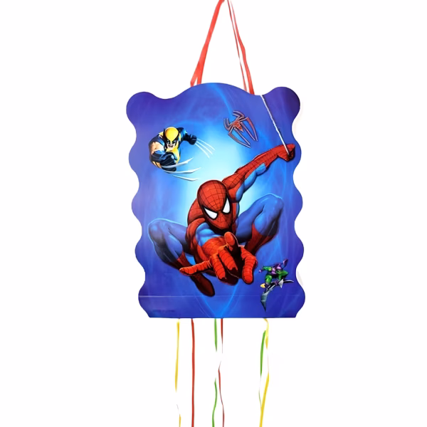 Pinata Petrecere Spiderman Din Carton Cu Sfori Pinata de petrecere din carton rezistent cu tematica supereroi, ilustrandu-i pe Spiderman in actiune, Wolverine si spiridusul Green Goblin pe un fundal albastru, avand panglici colorate in partea de jos.