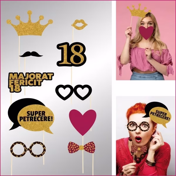 Set de 10 accesorii din carton pentru cabina foto de majorat incluzand coronita aurie mustata ochelari inima si mesaje text in limba romana