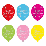 Buchet de baloane din latex in culori vibrante de rosu albastru deschis mov verde deschis roz si galben imprimate cu textul alb Bine Ati Venit si stelute decorative
