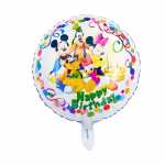 Balon rotund din folie cu margine alba decorata cu buline colorate confetti si panglici ilustrand in centru personajele Mickey Minnie Goofy Donald Daisy si Pluto in jurul unui tort aniversar impreuna cu mesajul Happy Birthday scris cu verde