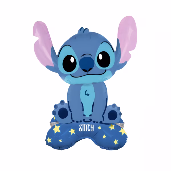 Balon din folie 3D standing cu personajul Stitch albastru avand urechi mari roz si asezat pe o baza albastra decorata cu stelute galbene