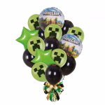 set 16 baloane folie si latex minecraft Buchet din 16 baloane pentru petreceri cu tematica Minecraft, incluzand baloane rotunde din folie cu personajele jocului, stele verzi si baloane din latex negre si verzi cu imprimeu Creeper.