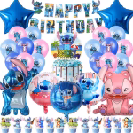 Set complet de petrecere cu tematica Stitch incluzand baloane din folie si latex banner aniversar si toppere din carton pentru desert