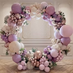 set ghirlanda baloane roz macarons Arcada rotunda din baloane formata dintr-un set ghirlanda baloane roz macarons, continand 133 piese in culori pastelate de mov, bej sand white si accente metalizate rose gold chrome.