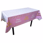 Fata de Masa Roz Happy Birthday 183x137 cm Fata de masa roz impermeabila cu imprimeu Happy Birthday auriu pentru decoratiuni petreceri fete.
