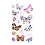 Set de autocolante decorative ilustrând fluturi în diverse culori pastelate și vibrante, alături de elemente florale delicate și o inimioară, toate realizate într-un stil artistic de acuarelă