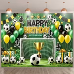 background textil fotbal Background textil pentru panou foto cu tematica fotbal, ilustrand un teren cu poarta, minge clasica, o cupa aurie, siluete de fotbalisti si mesajul Happy Birthday.