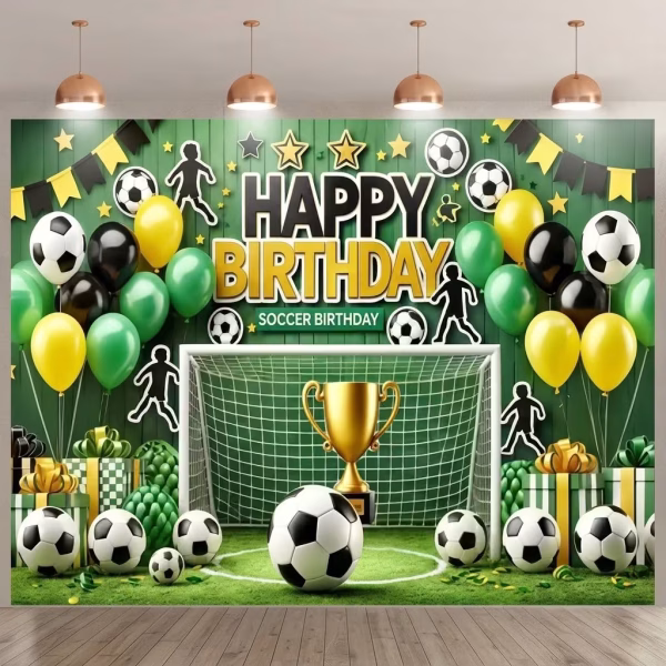 background textil fotbal Background textil pentru panou foto cu tematica fotbal, ilustrand un teren cu poarta, minge clasica, o cupa aurie, siluete de fotbalisti si mesajul Happy Birthday.