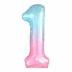 Balon din folie in forma de cifra 1 cu gradient de culori bleu mov si roz decorat cu buline albe
