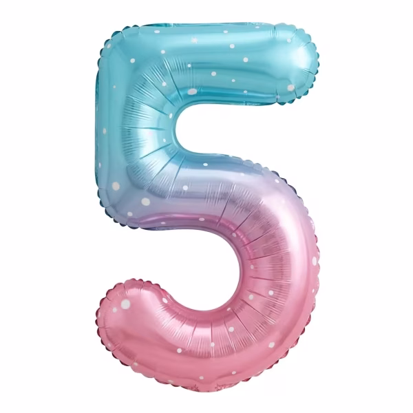 Balon din folie in forma de cifra 5 cu gradient de culori bleu mov si roz decorat cu buline albe
