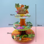Schita tehnica cu dimensiunile pentru suportul etajat pentru prajituri Dinozauri: inaltime totala 38 cm, diametre platouri 29 cm, 22 cm si 16 cm.
