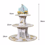 Schita tehnica cu dimensiunile pentru suportul etajat pentru prajituri Masini de Constructii: inaltime totala 38 cm, diametre platouri 29 cm, 22 cm si 16 cm.
