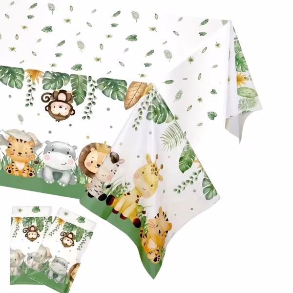 fata de masa animale safari jungla Fata de masa pentru petrecere, dimensiune 180x108 cm, material din folie de plastic. Design vesel cu tematica safari si jungla, ilustrand frunze tropicale si animale simpatice precum maimuta, tigru, hipopotam, leu, zebra si girafa.