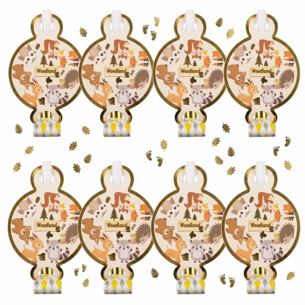 set 8 suflatori animale padure Grup de 8 suflatori pentru petrecere, decorate cu ilustratii cu animalele padurii, textul Woodland pe fundal de lemn si contur auriu metalizat.