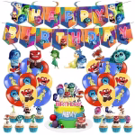 set decoratiuni inside out Set complet de decoratiuni pentru petrecere tematica Inside Out, continand banner Happy Birthday, baloane colorate, topper de tort si scobitori pentru briose cu emotiile Disney.