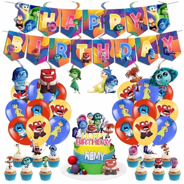 set decoratiuni inside out Set complet de decoratiuni pentru petrecere tematica Inside Out, continand banner Happy Birthday, baloane colorate, topper de tort si scobitori pentru briose cu emotiile Disney.