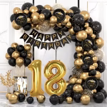 set ghirlanda baloane majorat Arcada asimetrica premium realizata dintr-un set ghirlanda baloane majorat in culorile negru, auriu chrome metalizat si transparente cu confetti, insotita de baloane folie aurii in forma cifrei 18.