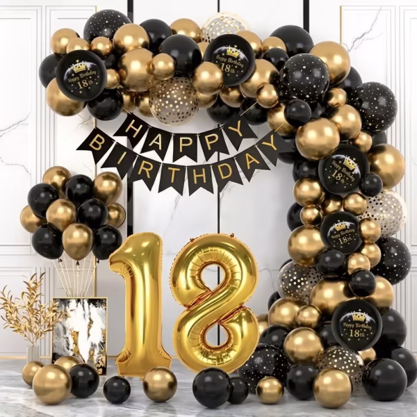 set ghirlanda baloane majorat Arcada asimetrica premium realizata dintr-un set ghirlanda baloane majorat in culorile negru, auriu chrome metalizat si transparente cu confetti, insotita de baloane folie aurii in forma cifrei 18.