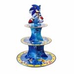 Suport Etajat Pentru Prajituri Sonic Suport etajat pentru prajituri din carton, cu tematica Sonic the Hedgehog, avand 3 niveluri decorate pe fundal albastru, folosit pentru constructia torturilor din dulciuri la gradinita.