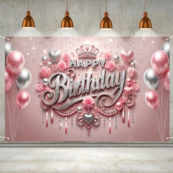 Background Textil Happy Birthday Roz 386B Mockup cu un background textil pentru panou foto cu textul 3D Happy Birthday argintiu, decorat cu o coroana regala, trandafiri roz, inimi cu sclipici, perle si baloane roz si argintii pe un fundal roz pudrat elegant.