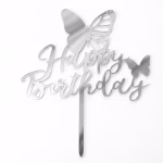 Detaliu topper tort happy birthday argintiu cu fluturi plexiglas oglinda silver mirror tija fixare
