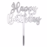 Detaliu topper tort happy birthday argintiu plexiglas oglinda silver mirror tija fixare