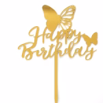 Detaliu topper tort happy birthday auriu cu fluturi plexiglas oglinda gold mirror tija fixare