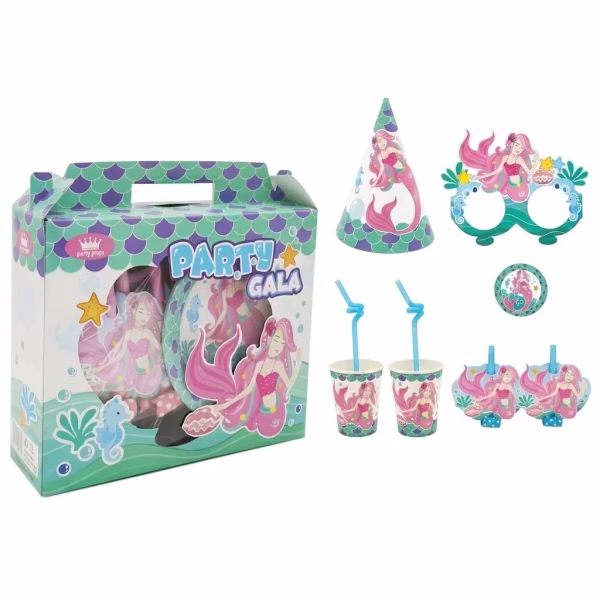 set 36 accesorii party tematica sirena Set complet de 36 accesorii party cu tematica sirena la cutie de cadou, incluzand farfurii, pahare, coifuri, ochelari, paie si suflatori.