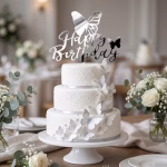 Topper Tort Happy Birthday Argintiu cu Fluturi Plexiglas Topper tort happy birthday argintiu silver cu fluturi plexiglas oglinda pe un tort etajat alb decorat cu dantela din martipan in relief si cascada de fluturi 3d argintii
