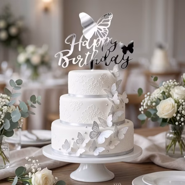 Topper Tort Happy Birthday Argintiu cu Fluturi Plexiglas Topper tort happy birthday argintiu silver cu fluturi plexiglas oglinda pe un tort etajat alb decorat cu dantela din martipan in relief si cascada de fluturi 3d argintii