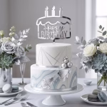topper tort happy birthday argintiu Topper tort happy birthday argintiu silver plexiglas oglinda acrilic aniversare decoratiuni petrecere tort etajat marmura foita argintie