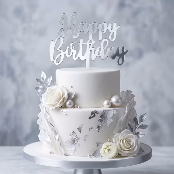 topper tort happy birthday argintiu Topper tort happy birthday argintiu silver plexiglas oglinda acrilic elegant aniversare decoratiuni petrecere tort alb etajat trandafiri albi perle foita argint