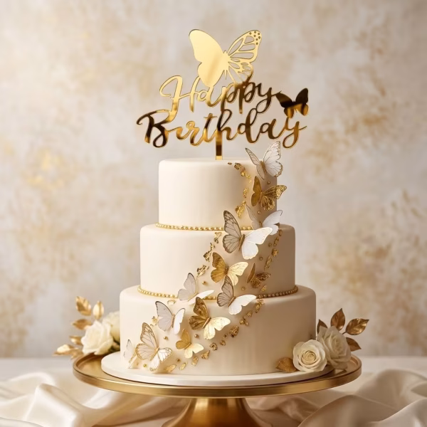 Topper Tort Happy Birthday Auriu cu Fluturi Oglindă Plexiglas Topper tort happy birthday auriu gold cu fluturi plexiglas oglinda pe un tort etajat crem decorat cu o cascada de fluturi aurii si albi 3d si trandafiri