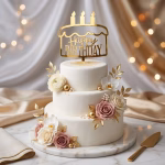 topper tort happy birthday auriu Topper tort happy birthday auriu gold plexiglas oglinda acrilic aniversare decoratiuni petrecere tort etajat alb trandafiri roz perle aurii