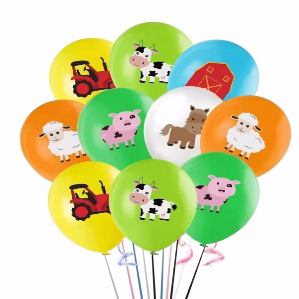 Set 12 Baloane Latex Animale Ferma si Tractor, 30 cm Buchet vesel din 12 baloane din latex colorate, cu imprimeuri specifice vietii la ferma: vacute, porcusori, oi, caluti, tractoare rosii si un hambar traditional.