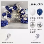 Grafic detaliat cu piesele incluse in setul de 110 bucati aratand dimensiunile si cantitatile exacte pentru baloanele albe bleumarin argintii si cu confetti precum si accesoriile de montaj