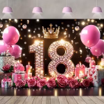 Background Textil Panou Foto Majorat 18 Ani, Coroana Aurie – Cod 431 Background textil pentru panou foto majorat 18 ani, design luxos cu coroana aurie, diamante si trandafiri roz, dimensiune 180x110 cm.