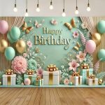 Background Textil pentru Aranjament Happy Birthday 210x130 cm (COD 441B) Background decorativ pentru fundal foto din material textil premium, tematica aniversara, fundal verde menta cu text auriu Happy Birthday, flori 3D, fluturi aurii, baloane si cadouri, 210x130 cm.